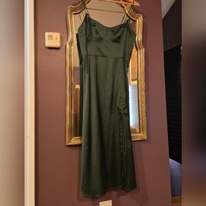 Cider Dark Green Strappy Satin Dress, Size M